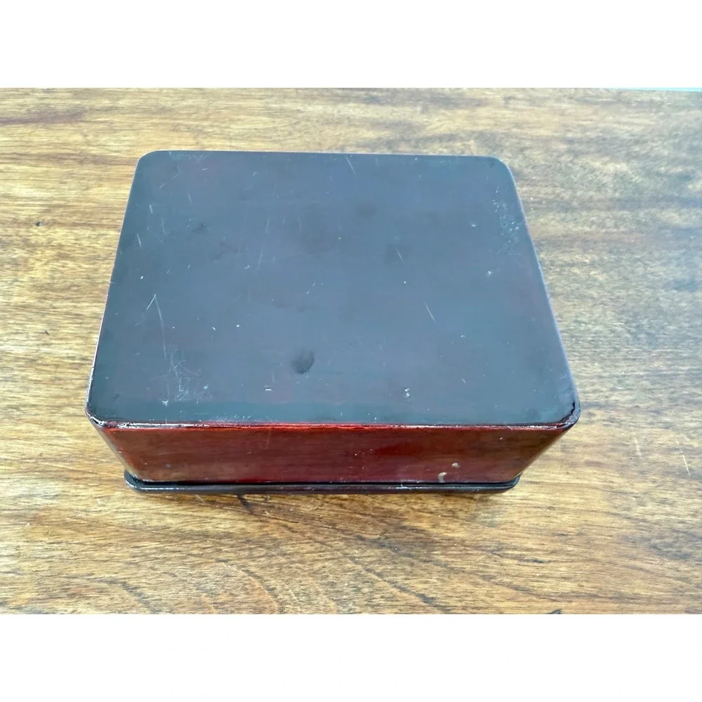 Vintage Japanese Lacquer Trinket Box Mother of Pearl Bamboo Inlay Wood Mahogany